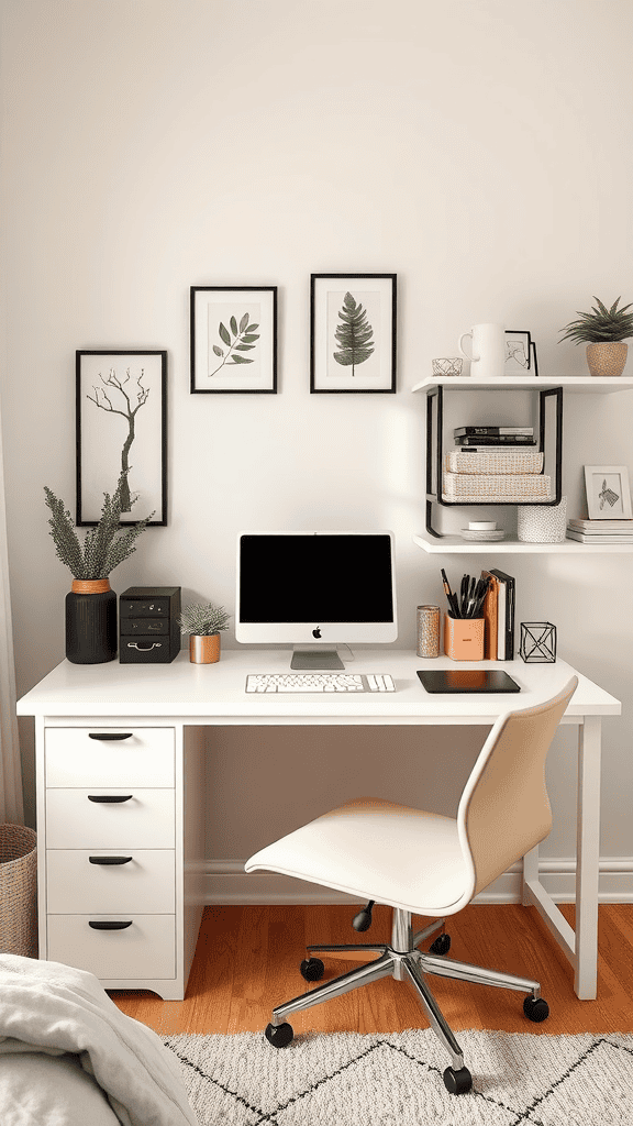 A clean and organized workspace featuring a desk with a computer, plants, and decorative frames on the wall.