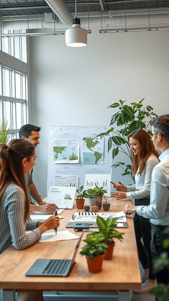 A team meeting in a bright office space with plants, discussing green initiatives.