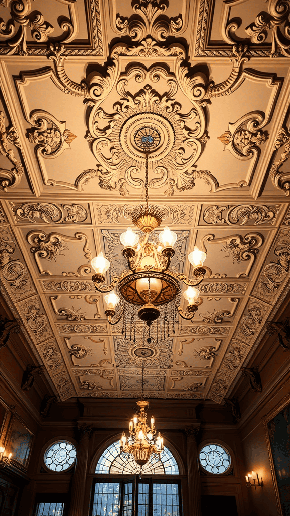 A beautifully ornate ceiling featuring intricate designs and a classic chandelier.