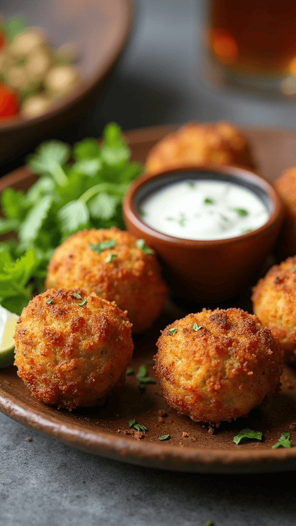 A plate of golden oven-baked falafel balls with a bowl of tzatziki sauce and fresh herbs.