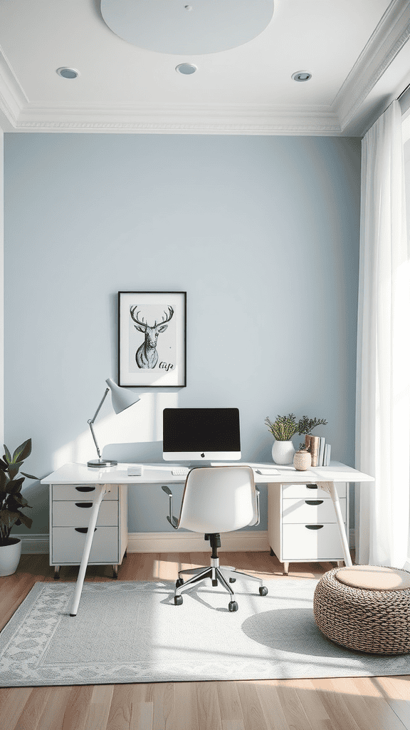 A modern workspace with pale blue walls, a white desk, and plants, creating a calm environment.