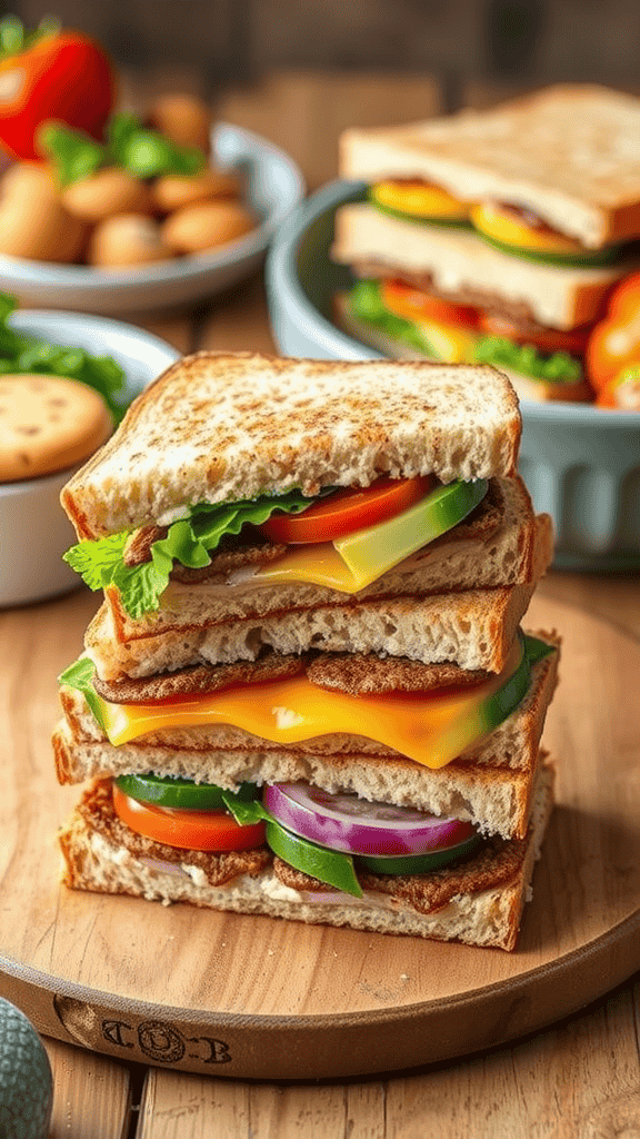 A stack of colorful sandwiches with layers of vegetables, cheese, and crispy bread.