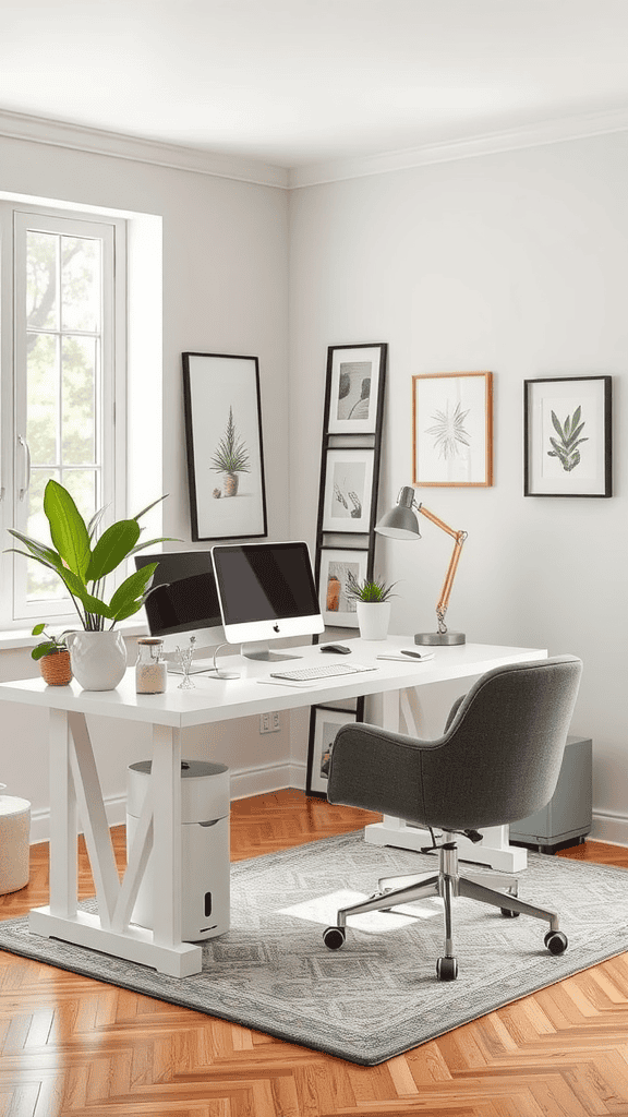 Modern and feminine home office with a sleek desk, comfortable chair, and plants