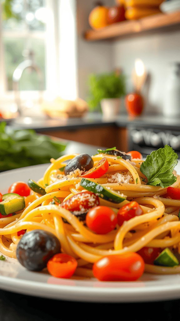 A plate of pasta primavera with seasonal vegetables including cherry tomatoes, zucchini, and olives.