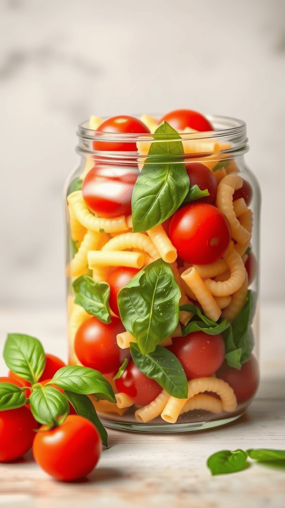 A jar filled with pasta, cherry tomatoes, and fresh basil leaves, showcasing a colorful salad.