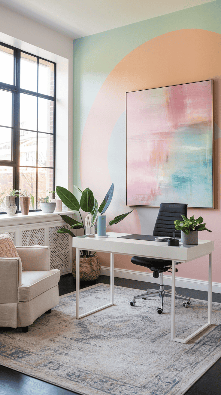 A pastel-themed home office featuring a mint green and pink wall, modern desk, and plants.