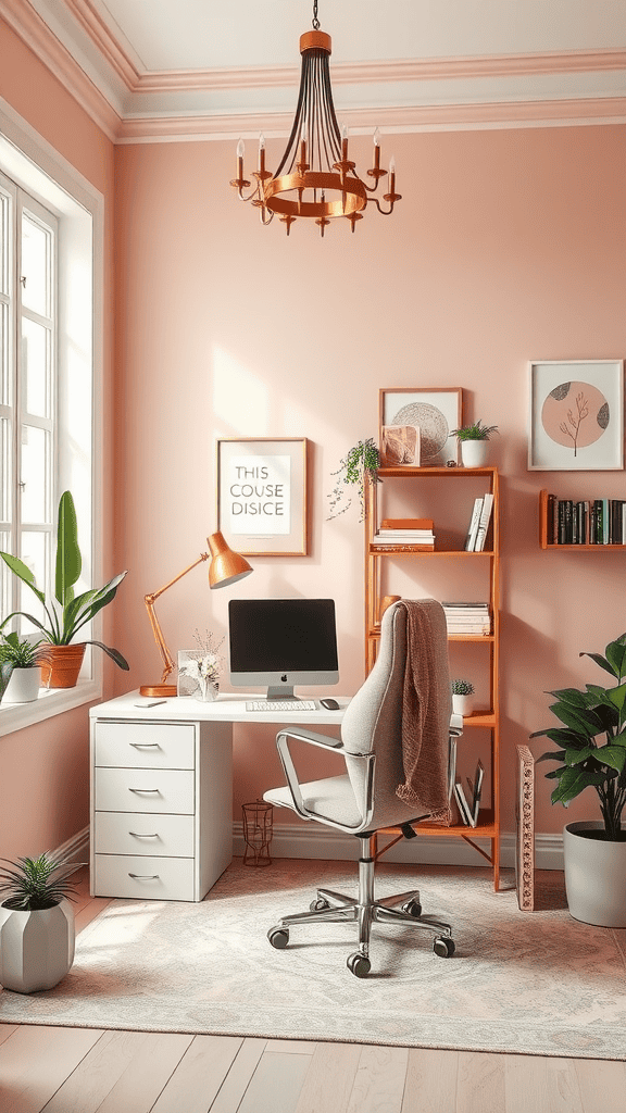 A stylish office space featuring pastel pink walls, a white desk, a computer, plants, and warm lighting.