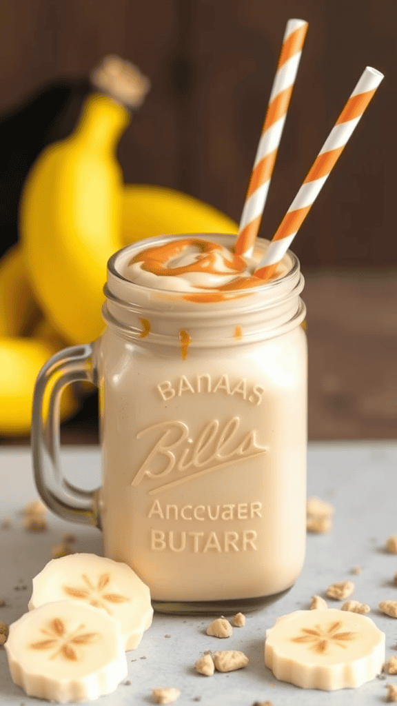 A creamy peanut butter and banana smoothie in a mason jar with two straws and banana slices in the background.