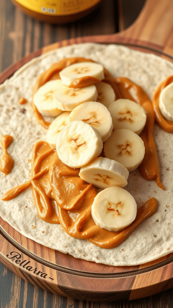 A close-up of a tortilla with peanut butter and banana slices, ready to be wrapped.