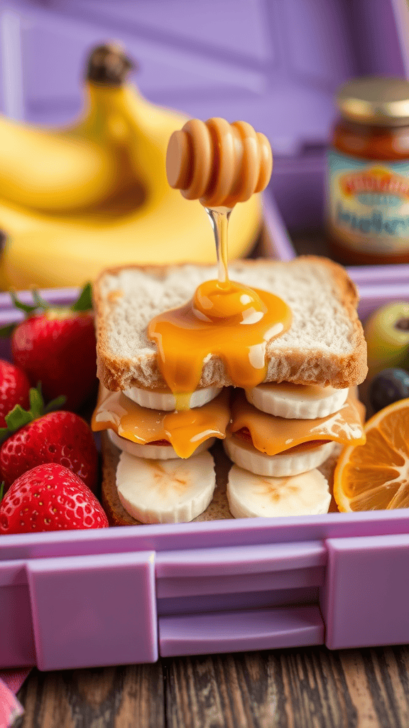 A peanut butter banana honey sandwich in a lunchbox with fresh strawberries and other fruits