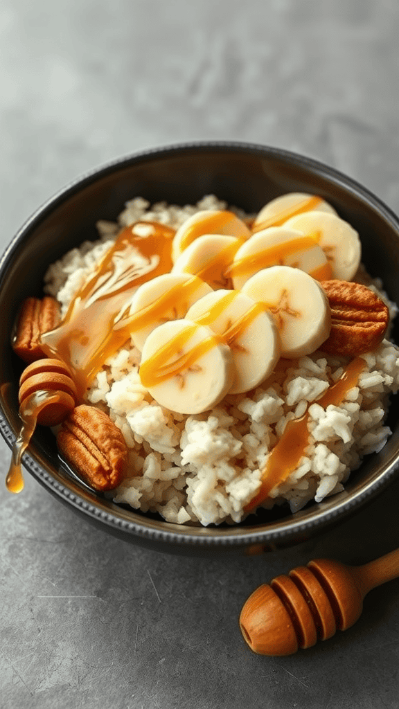 A bowl of rice topped with banana slices, pecans, and honey drizzle.