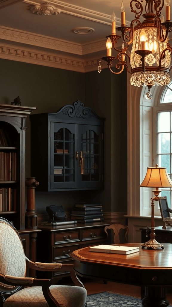 A beautifully decorated Victorian home office featuring an elegant chandelier and classic furniture.