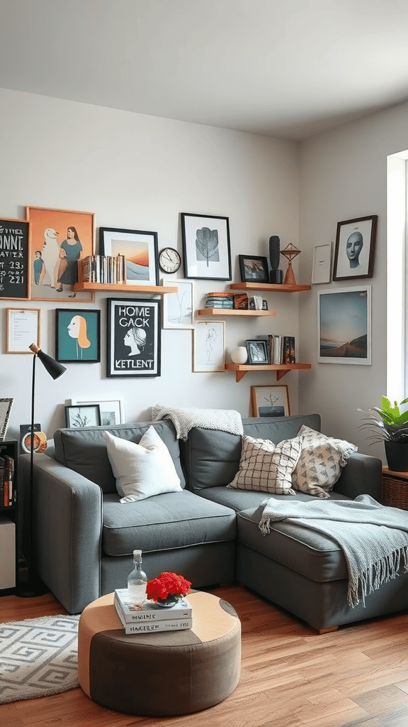 Cozy shared office space with artwork, plants, and a comfortable sofa.