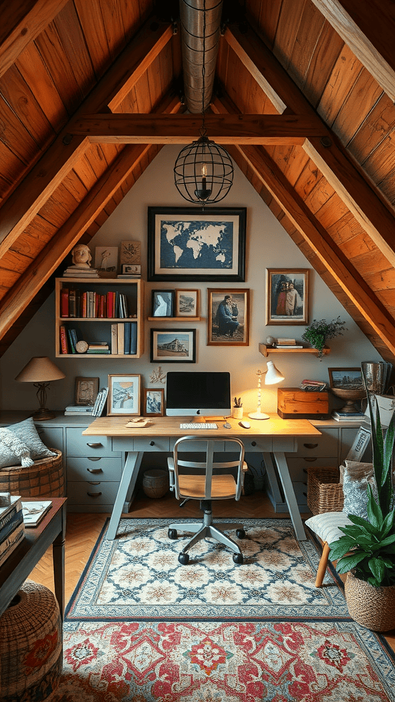 Cozy attic workspace featuring wooden beams, a desk, and personal decorations.