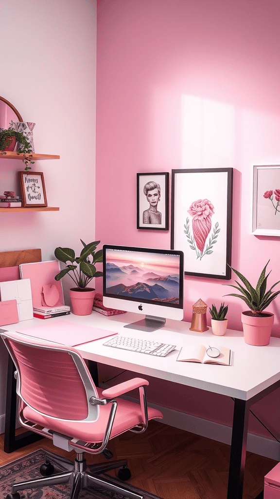 A cozy home office with pink walls, a computer, and decorative plants.