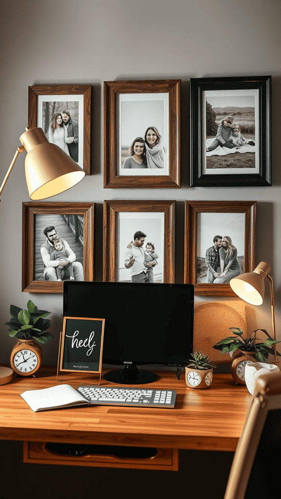 A cozy home office with framed family photos on the wall, a desk with a computer, and decorative elements.