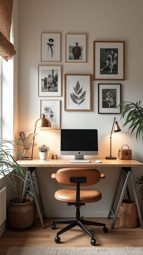 A cozy feminine home office with a wooden desk, an orange chair, framed black-and-white art, and plants.