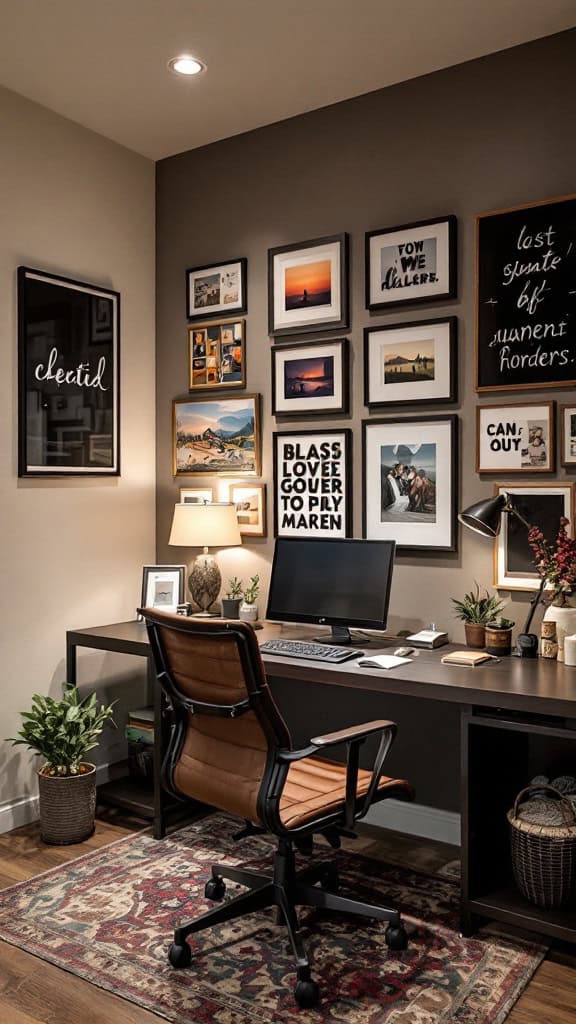 A stylish and personalized home office space with framed art, a desk, and plants.