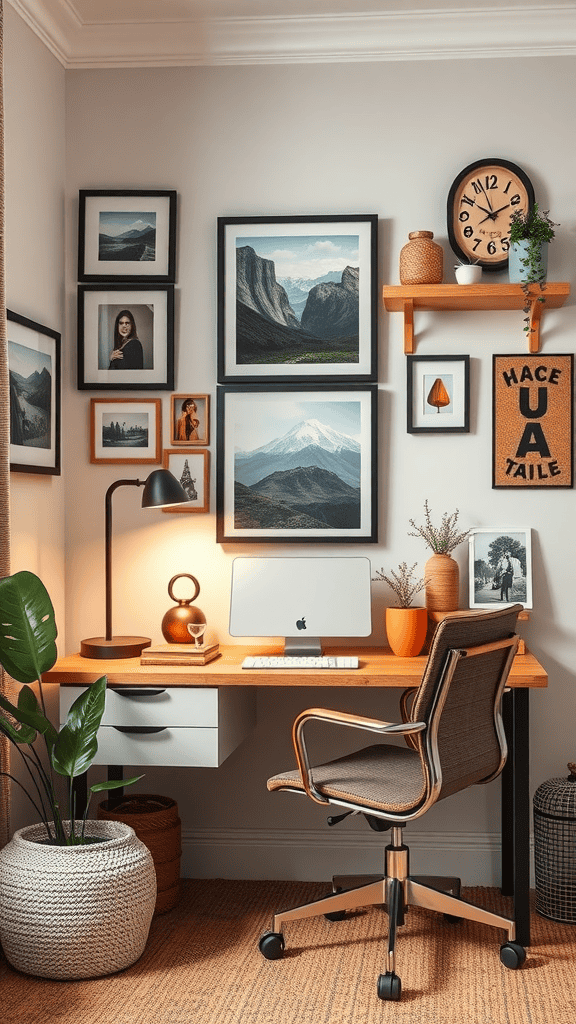 A stylish home office space featuring a wooden desk, a computer, framed pictures, and indoor plants.