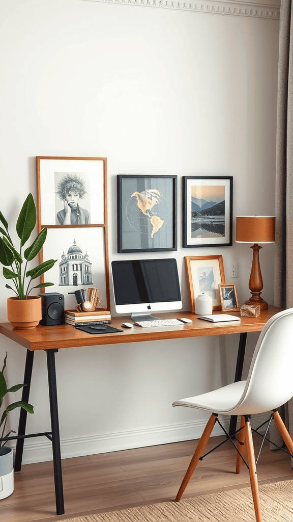 A stylish workspace featuring framed art, a computer, and decorative plants.