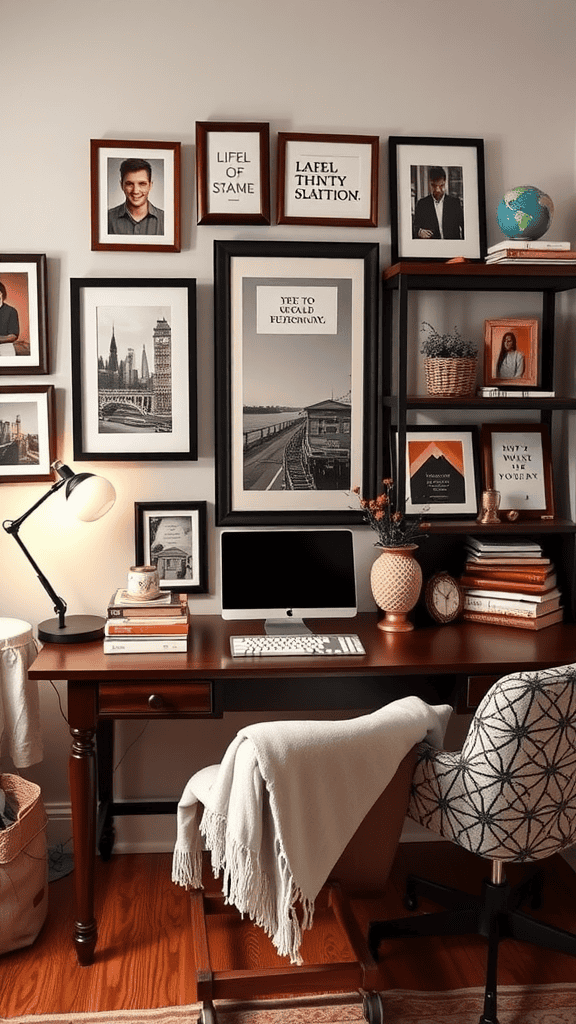 A cozy workspace featuring a wooden desk, framed photos on the wall, a computer, and decorative items.