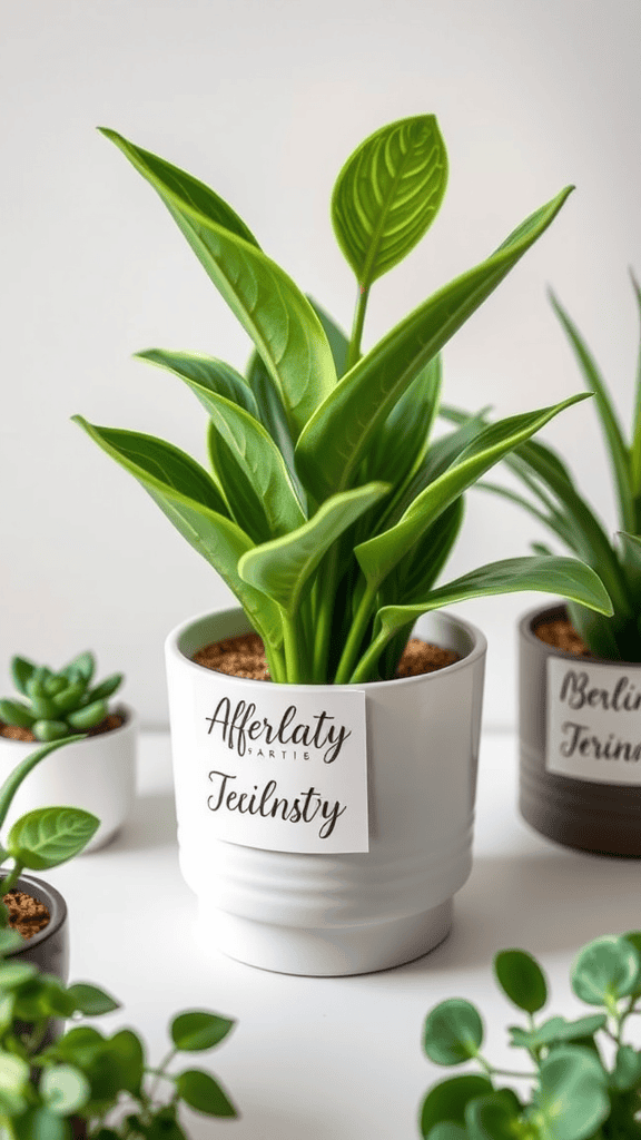 A collection of potted plants with personalized markers on each pot, showcasing greenery.