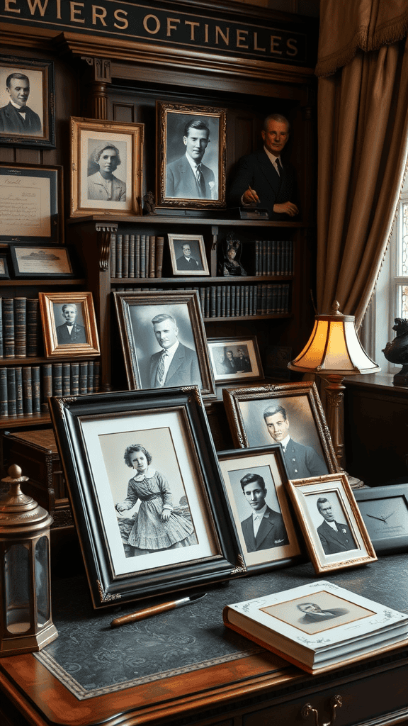 A Victorian home office with framed vintage family photographs and a warm ambiance.