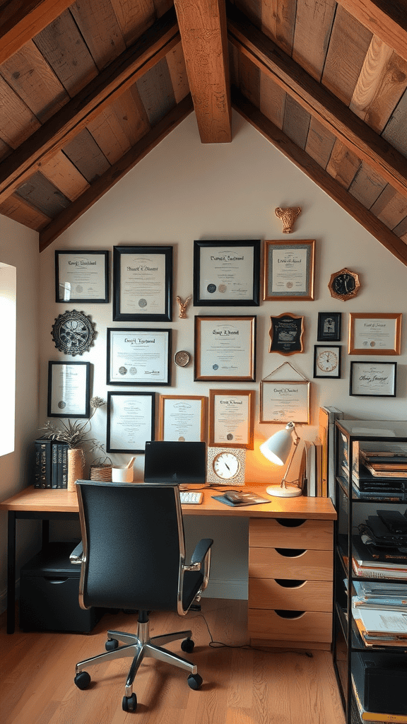 A cozy attic workspace with a wall full of framed certificates and awards.