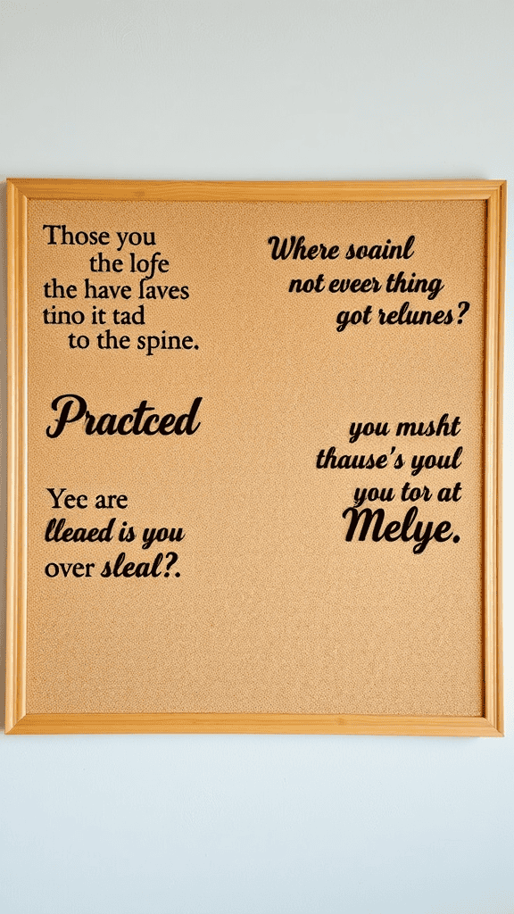 A corkboard displaying various inspirational quotes in artistic fonts.