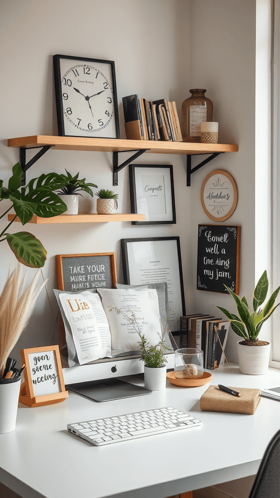 Minimalist home office setup with plants, books, and a computer.