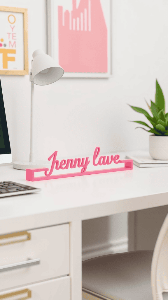 A personalized pink nameplate on a desk with a lamp and a plant.