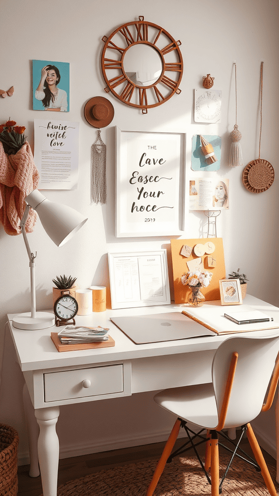 A cozy workspace featuring a white desk, decorative wall art, and personal touches.