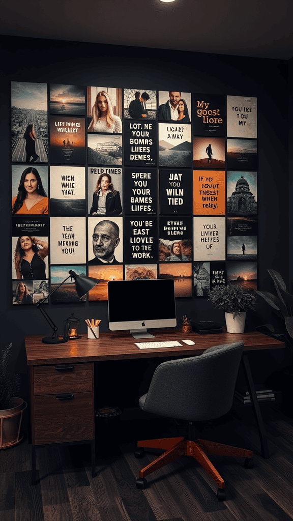 A workspace featuring a vision board with motivational quotes and images, alongside a desk with a computer and plants.