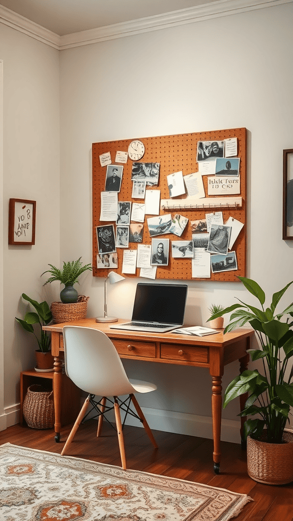 A cozy workspace featuring a desk, computer, and a bulletin board filled with inspirational notes and images.