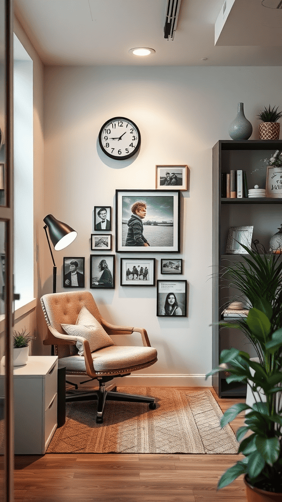 A personalized workspace corner with a comfortable chair, framed photos, a clock, and plants.