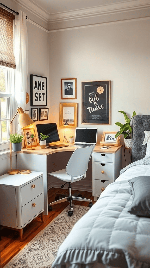 A cozy, personalized workspace nook featuring a modern desk, comfortable chair, plants, and inspiring wall art.