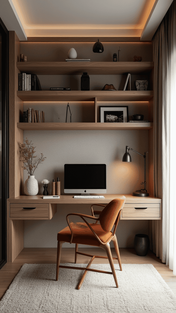 A cozy and stylish feminine home office featuring wooden shelves, a desk with a computer, and a comfortable orange chair.