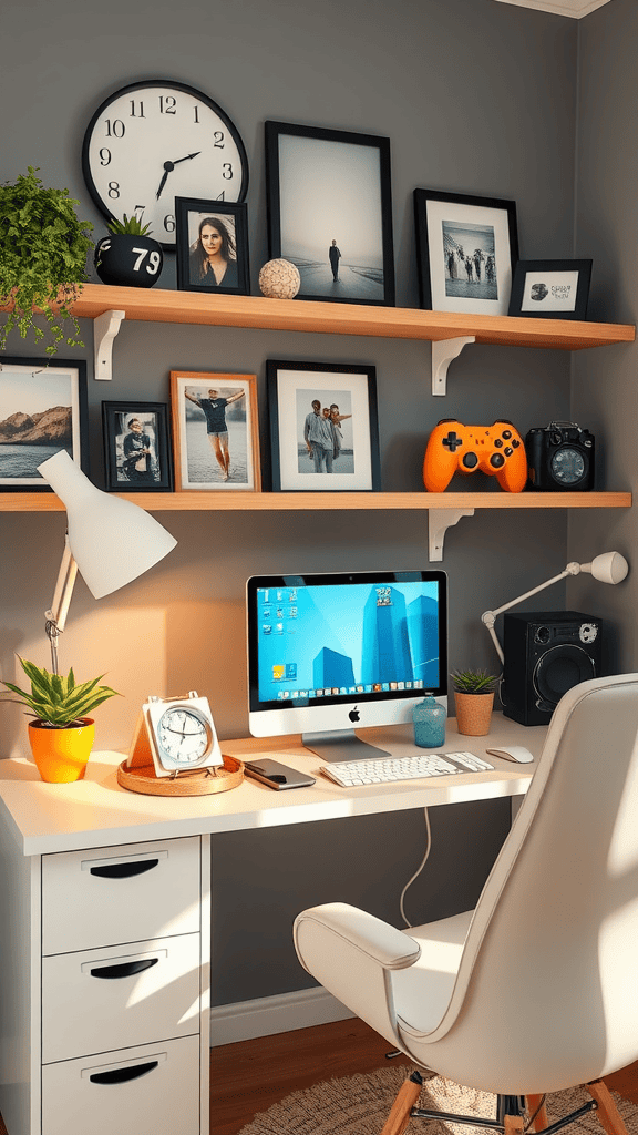 A well-organized desk with a computer, plants, a clock, and framed photos on shelves.