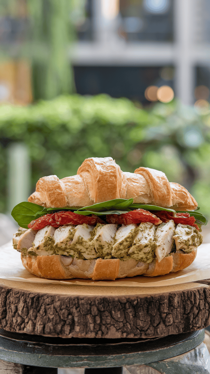 A delicious pesto chicken croissant sandwich with spinach and sun-dried tomatoes, served on a wooden board.