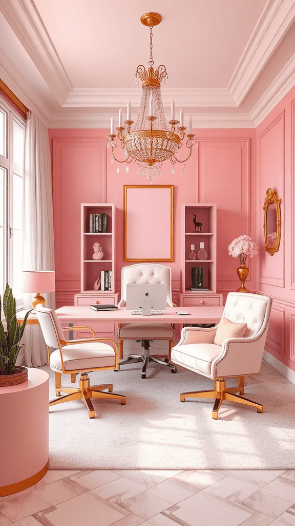 A cozy home office featuring a pink and gold color scheme with elegant furniture.