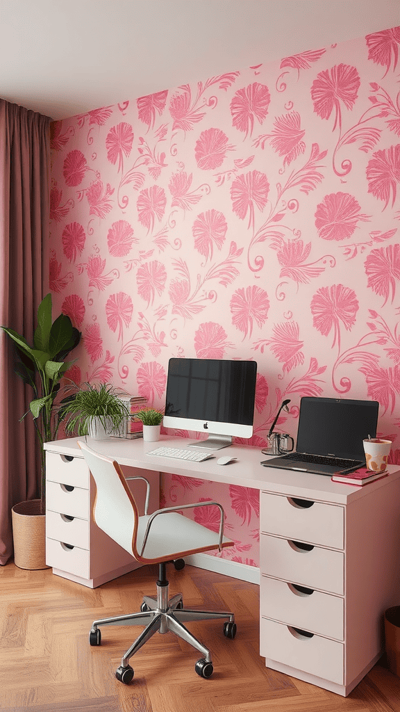 Cozy home office with pink floral wallpaper and modern desk setup.