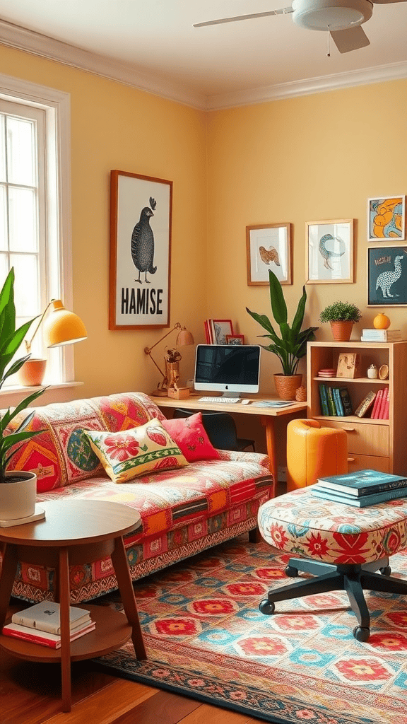 A colorful living room featuring a patterned couch, decorative plants, and art on the walls.