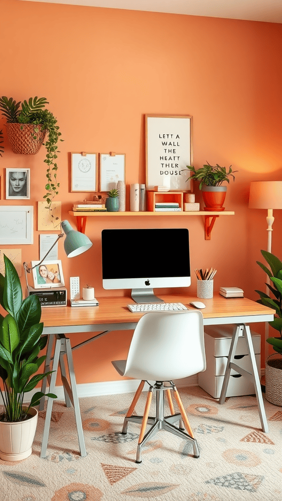 A cozy office space with peach-colored walls, plants, and a stylish desk setup.