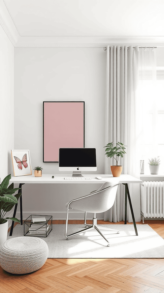 A stylish and minimalist home office featuring a pink artwork, a modern desk, and plants.