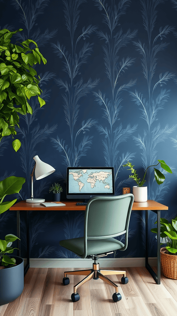 A workspace featuring navy blue walls, green plants, and a modern desk setup.