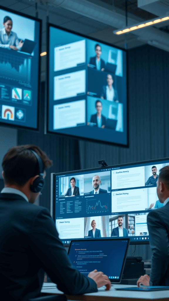 A modern office setup with large screens displaying digital information and people in discussion.