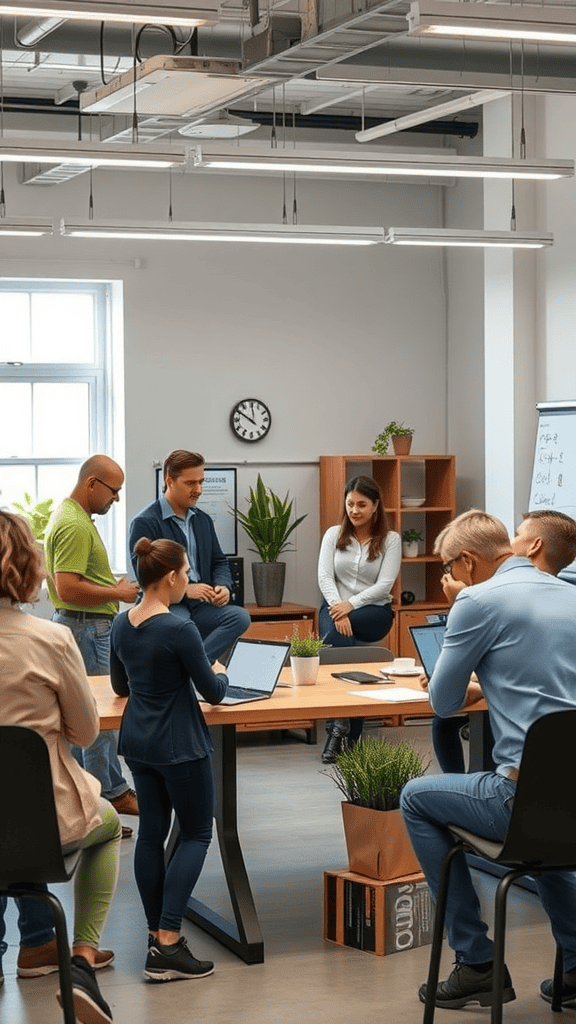 A group of employees engaged in a discussion about sustainability in a modern office environment.