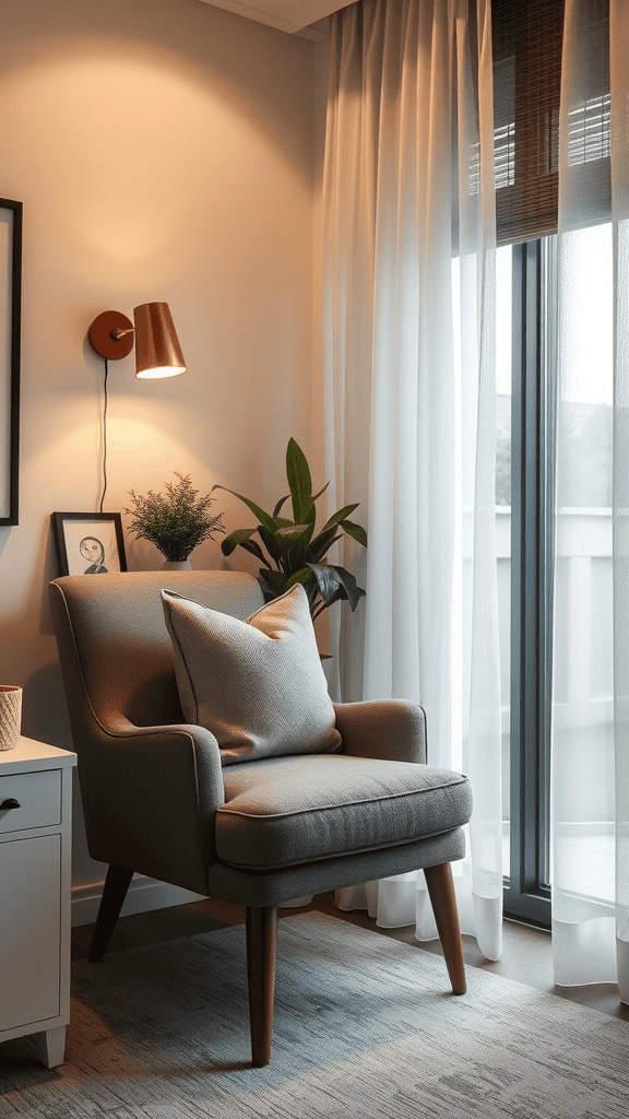 A cozy corner with a comfortable chair, warm lighting, and a plant, perfect for reflection.