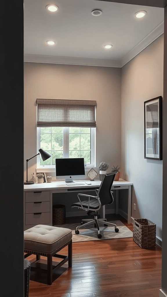 A quiet and organized home office space with a desk, computer, and comfortable chair.