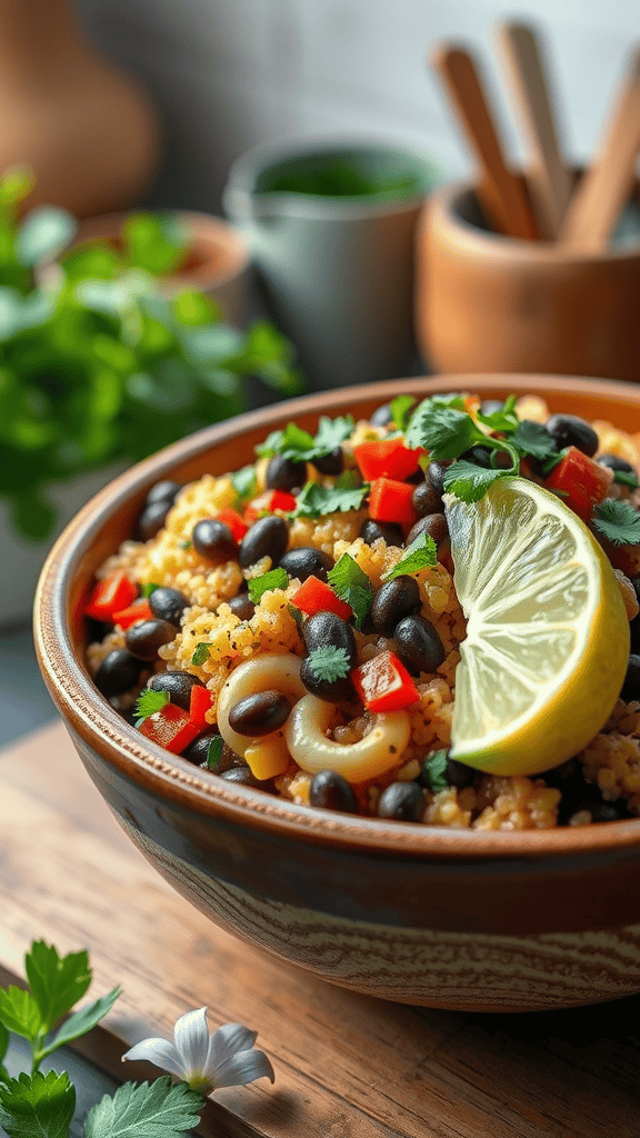 A colorful quinoa and black bean bowl garnished with lime and fresh herbs.